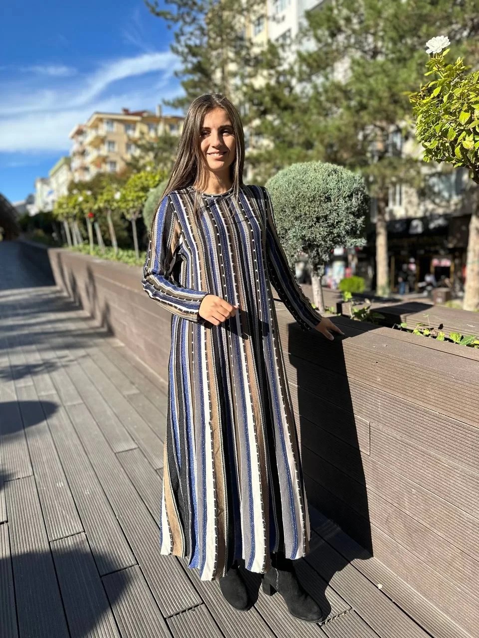 İnvee 5875 Tarçın Şeritli Triko Elbise