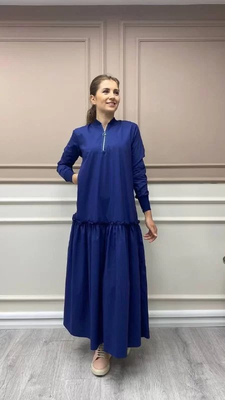 İnvee 6389 Lacivert Fırfır Detaylı Elbise