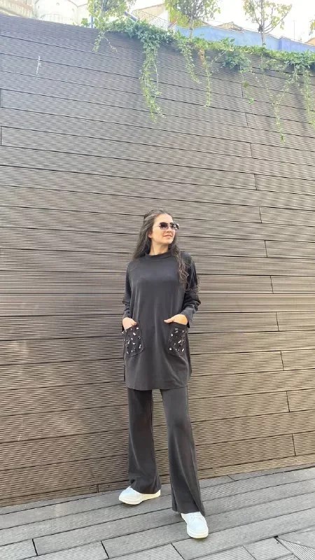 İnvee 6699 Kahve Cepleri Taş Detaylı Takım