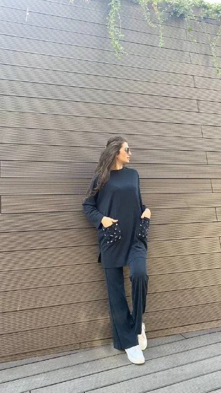 İnvee 6699 Siyah Cepleri Taş Detaylı Takım