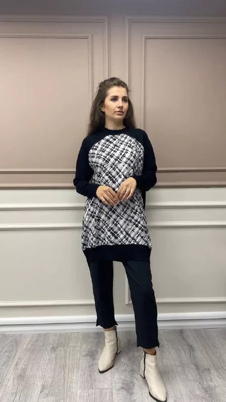 İnvee 6723 Siyah Önü Çizgi Desenli Triko