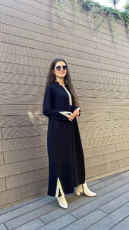 İnvee 6754 Siyah Yaka Ve Kol Detaylı Elbise
