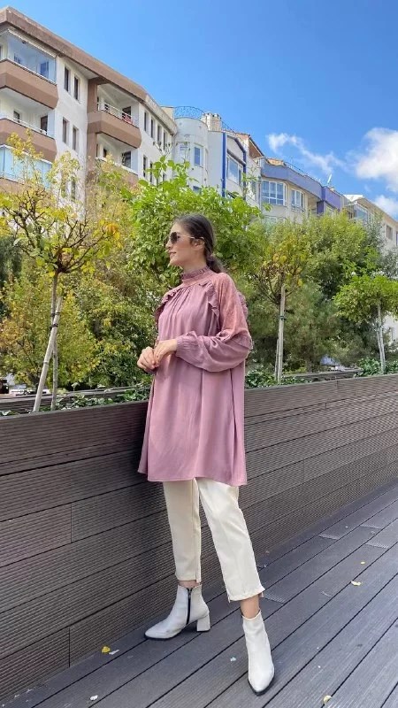 İnvee 6798 Gül Omuzları Dantelli Fırfırlı Tunik