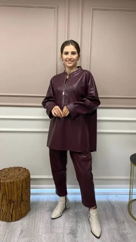 İnvee 6818 Bordo Deri Tunik