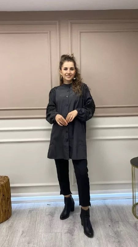 İnvee 6826 Antrasit Güpür Detaylı Gömlek