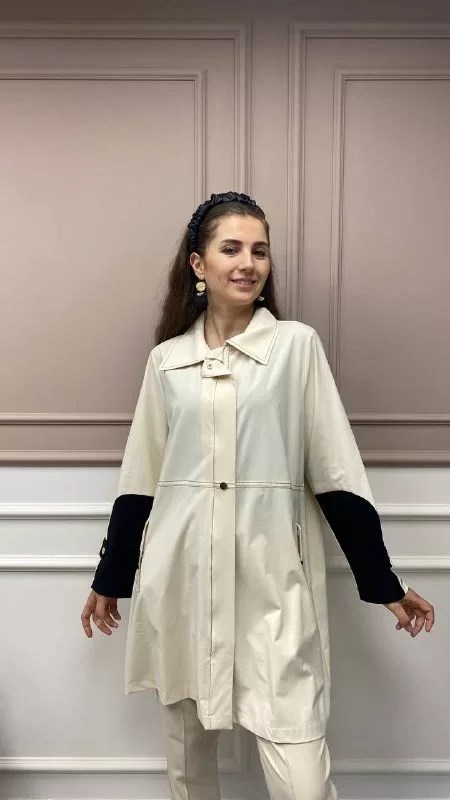 İnvee 6829 Vanilya İki Renk Detaylı Fermuarlı Tunik