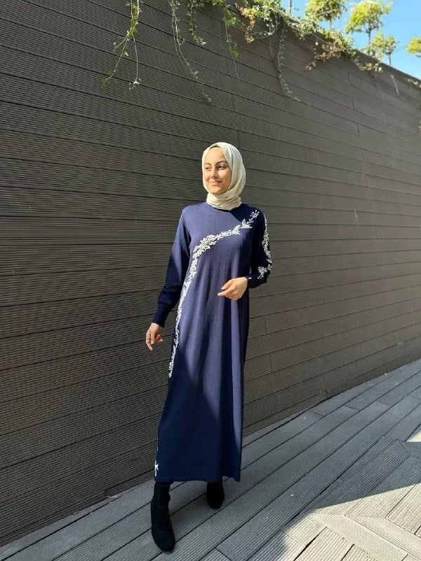 İnvee 6848 Lacivert Güldalı Triko Elbise