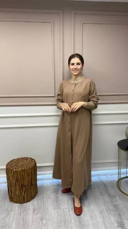 İnvee 6851 Camel Düğmeli Uzun Kap
