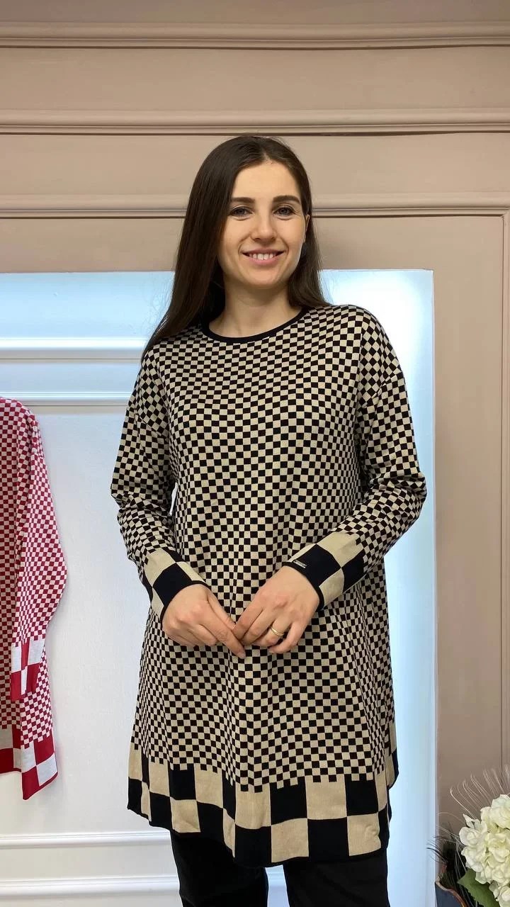 İnvee 6873 Siyah-Bej Küp Desenli Triko