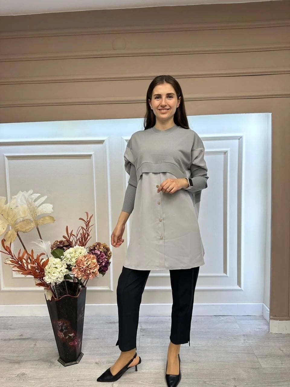 İnvee 6883 Gri Eteği Gömlek Detaylı Triko