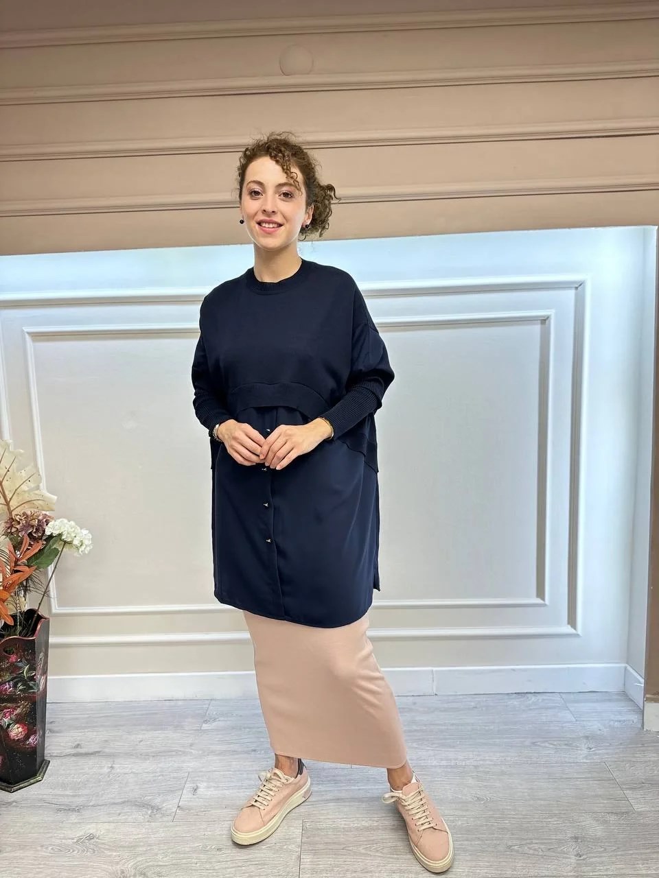İnvee 6883 Lacivert Eteği Gömlek Detaylı Triko