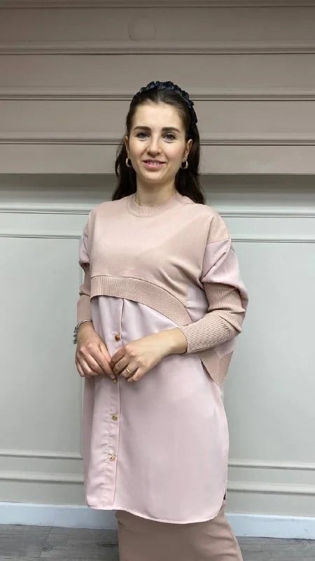 İnvee 6883 Somon Eteği Gömlek Detaylı Triko