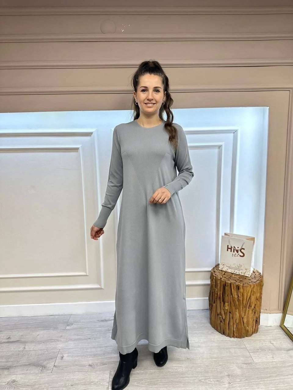 İnvee 6931 Gri Kolları Şerit Detaylı Triko Elbise