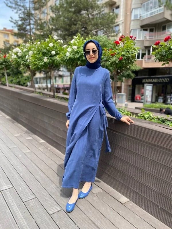 İnvee 6958 Sax Beli Bağlamalı Elbise