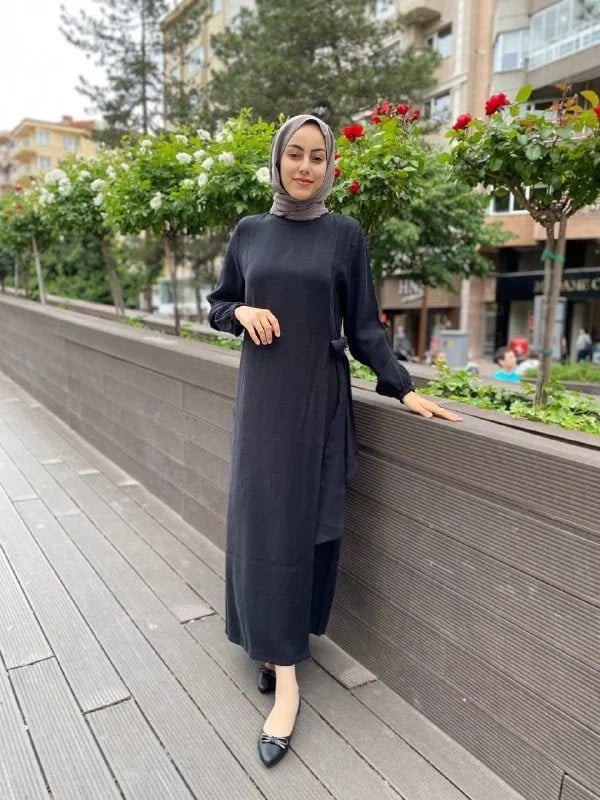 İnvee 6958 Siyah Beli Bağlamalı Elbise