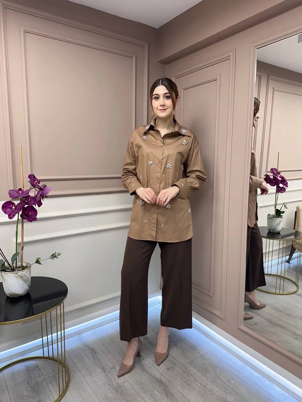 Lisa Exclusive 5052 Kahve Taş İşlemeli Gömlek