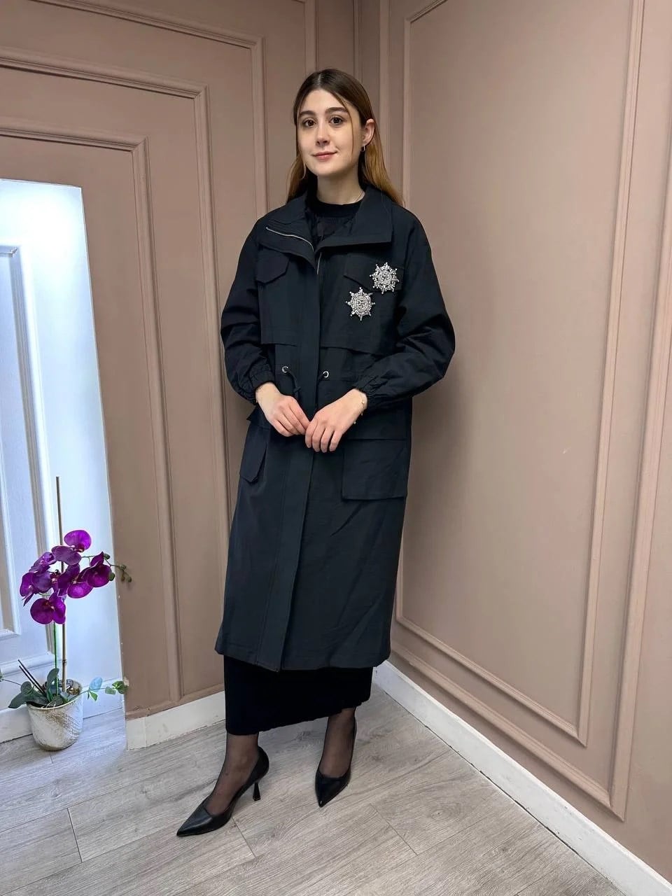 Lisa Exclusive 5055 Siyah Taş İşlemeli Trenç