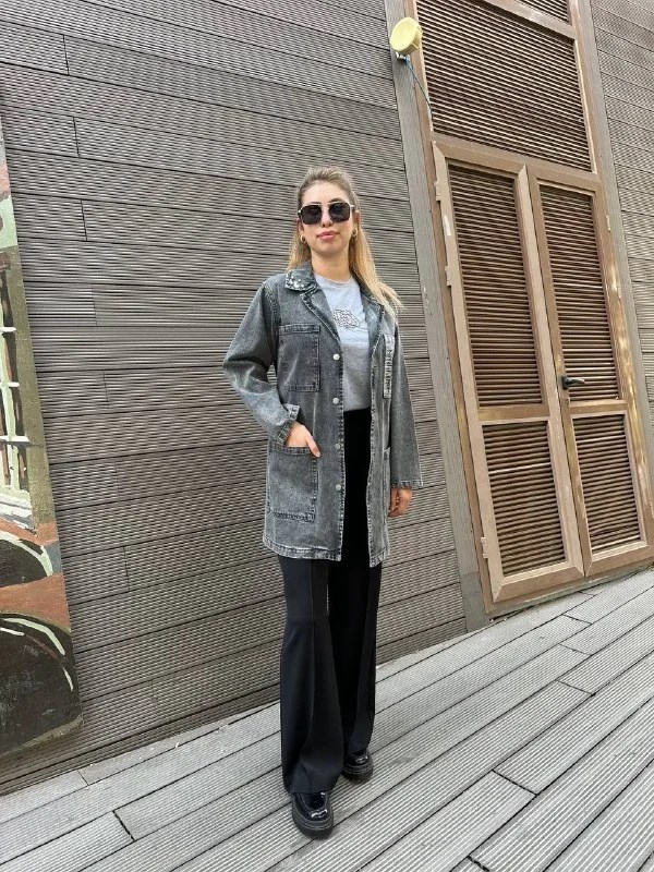 Magazin 7222 Gri Yaka Detaylı Kot Ceket