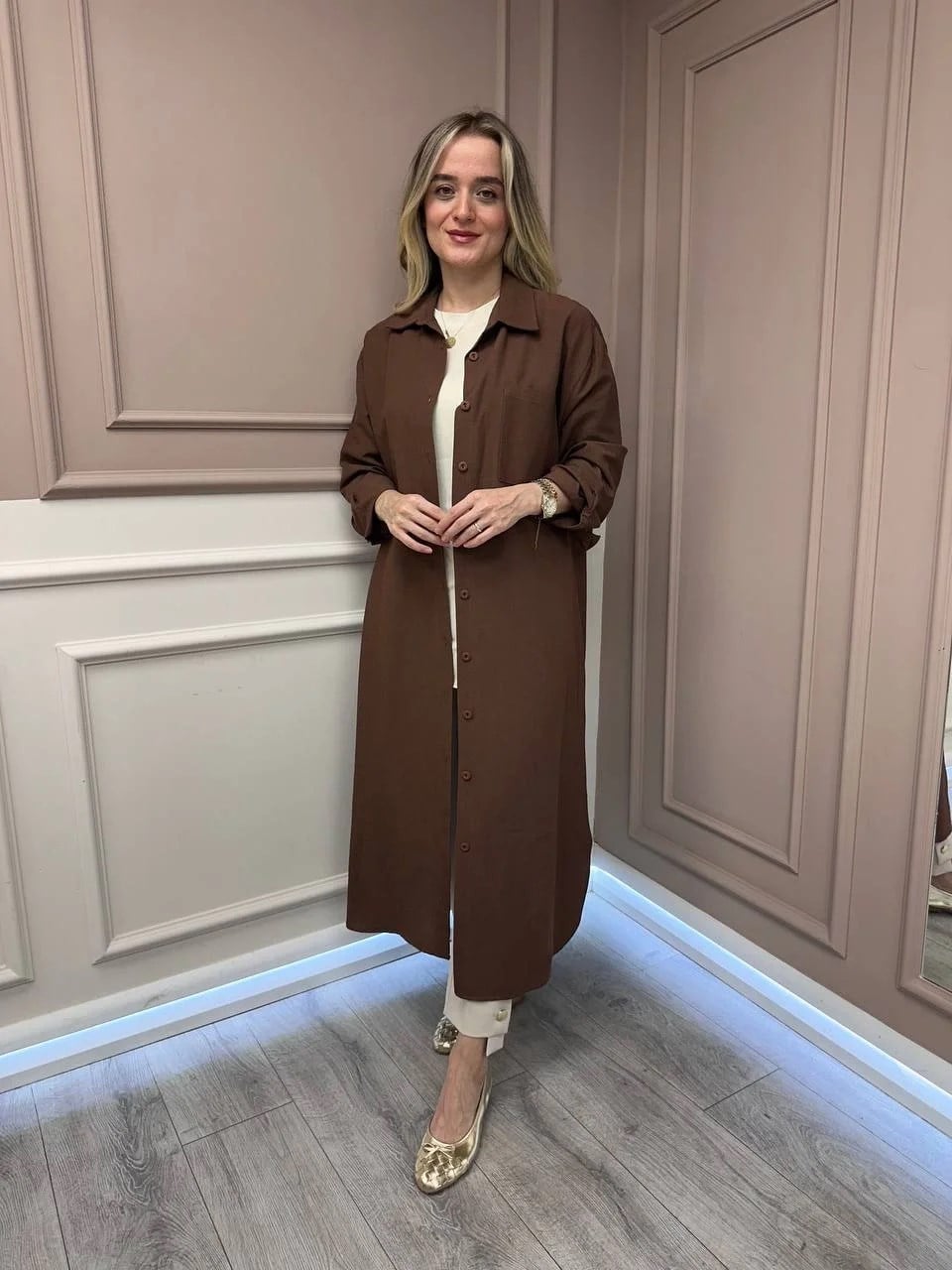 Magazin 7390 Kahve Keten Uzun Tunik