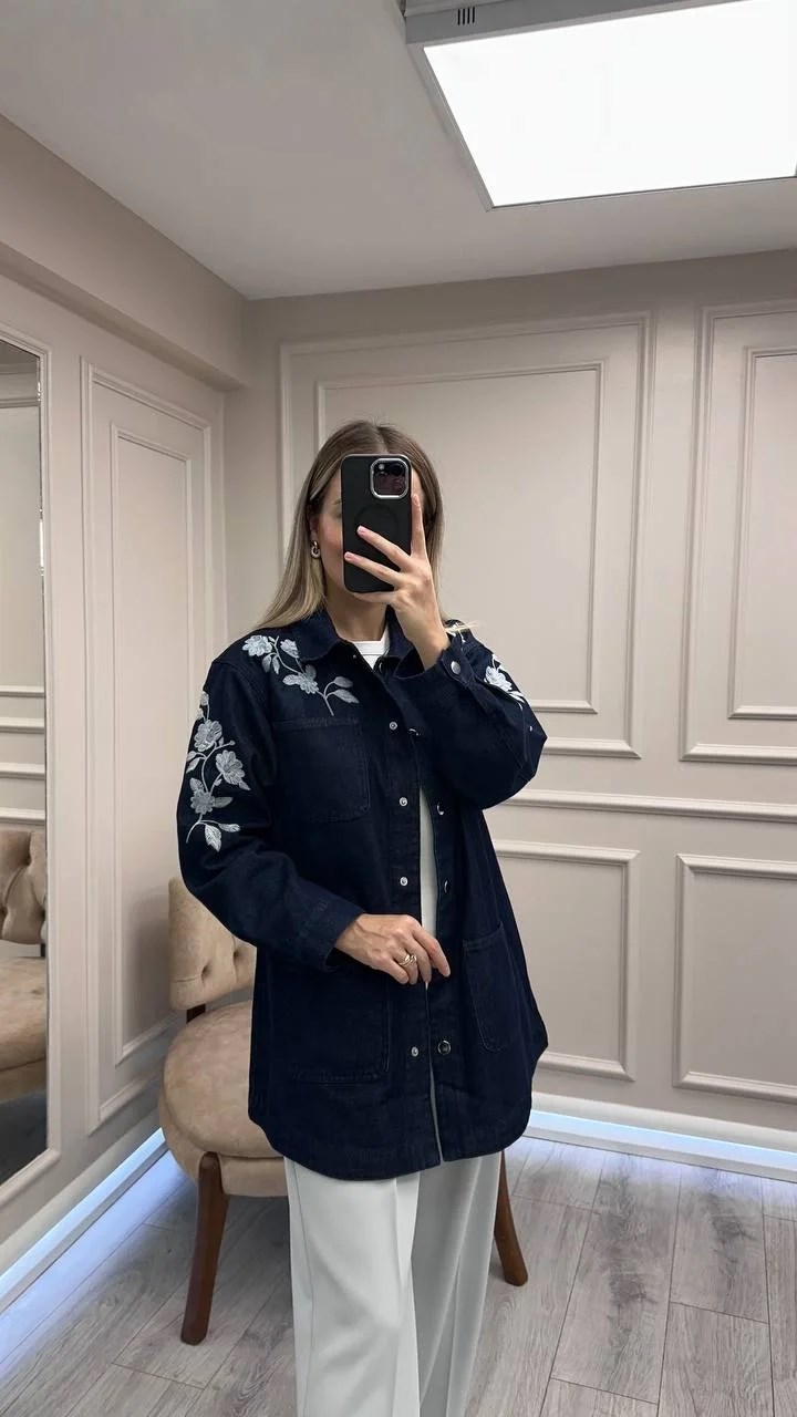 Magazin 7426 Koyu Lacivert Çiçek Desenli Kot Ceket