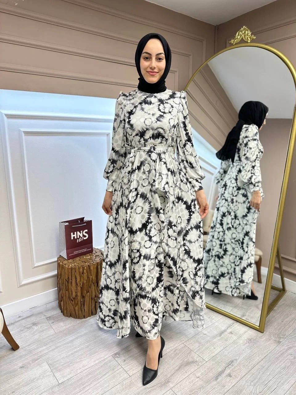 Matex 24Y01167633 Siyah Saten Desenli Elbise