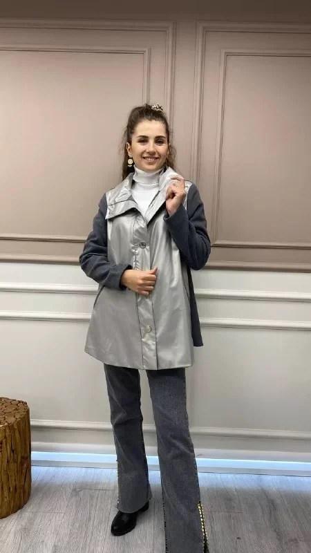 Missemramiss K3676 Gri Deri Garni Kaşe Kap