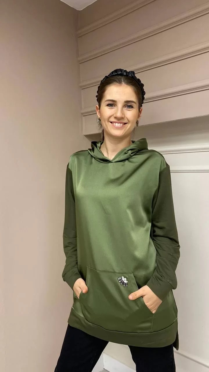 Missemramiss S3712 Haki İpek Saten İşli Sweat