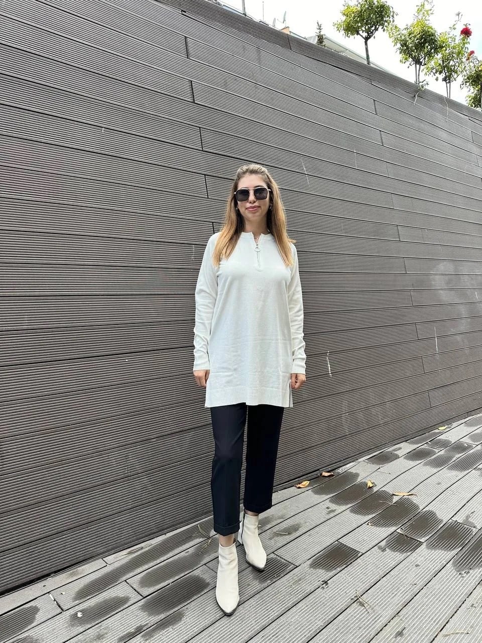 Missemramiss T4587 Ekru Live Fermuar Detaylı Triko Kazak