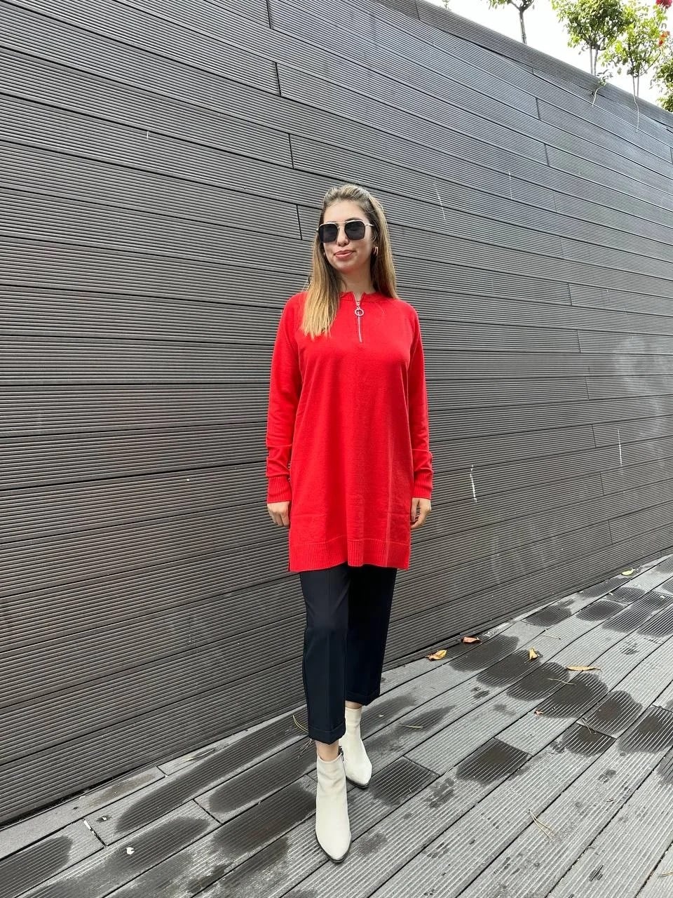 Missemramiss T4587 Kırmızı Live Fermuar Detaylı Triko Kazak
