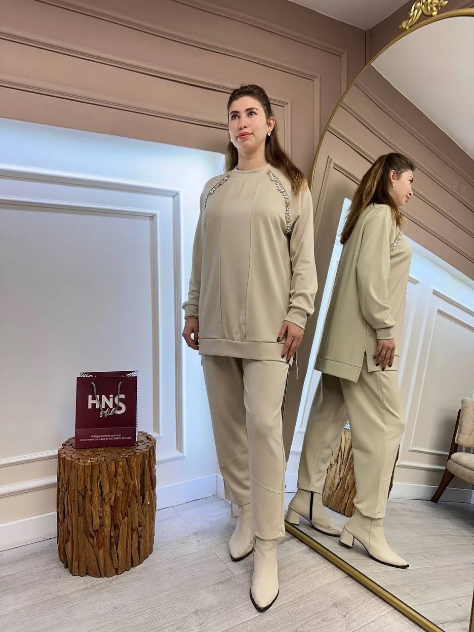 Missemramiss T4623 Bej Taşlı Pamuk Takım
