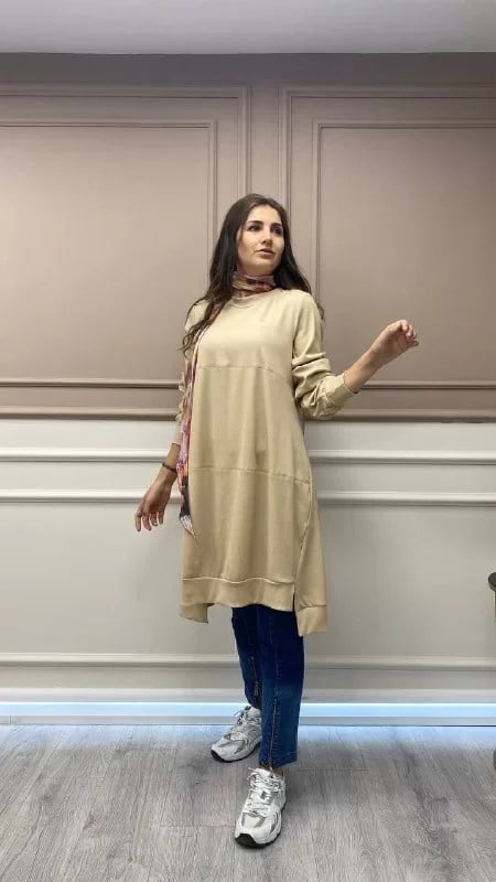 Misswhence 32024 Bej Pamuklu Dikiş Detaylı Tunik