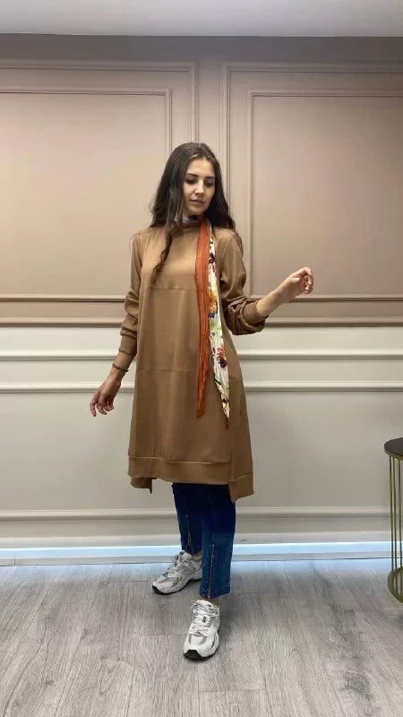Misswhence 32024 Camel Pamuklu Dikiş Detaylı Tunik