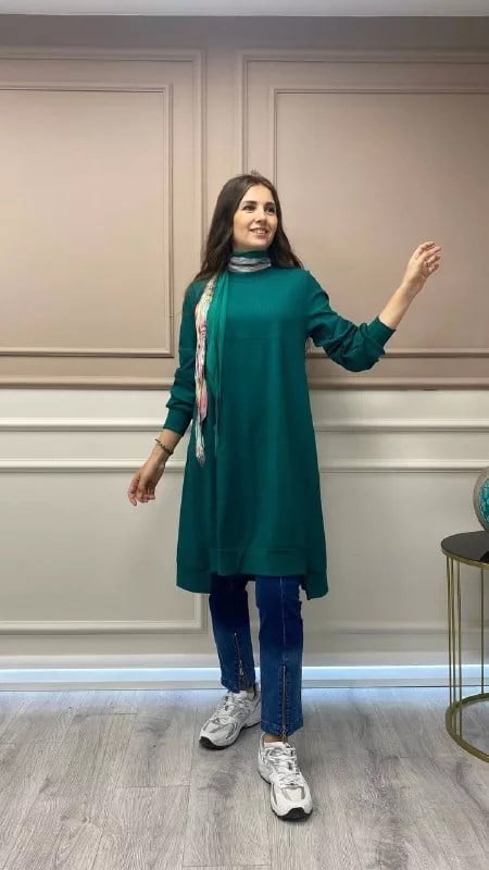 Misswhence 32024 Yeşil Pamuklu Dikiş Detaylı Tunik