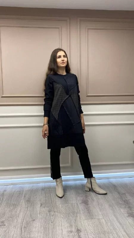 Misswhence 32026 Siyah Patchwork Tunik