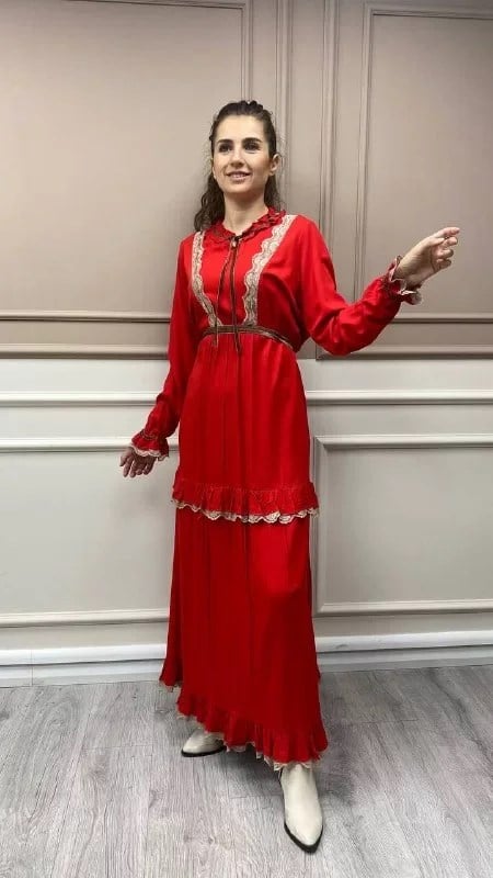 Misswhence 32802 Kırmızı Fırfır Detay Elbise