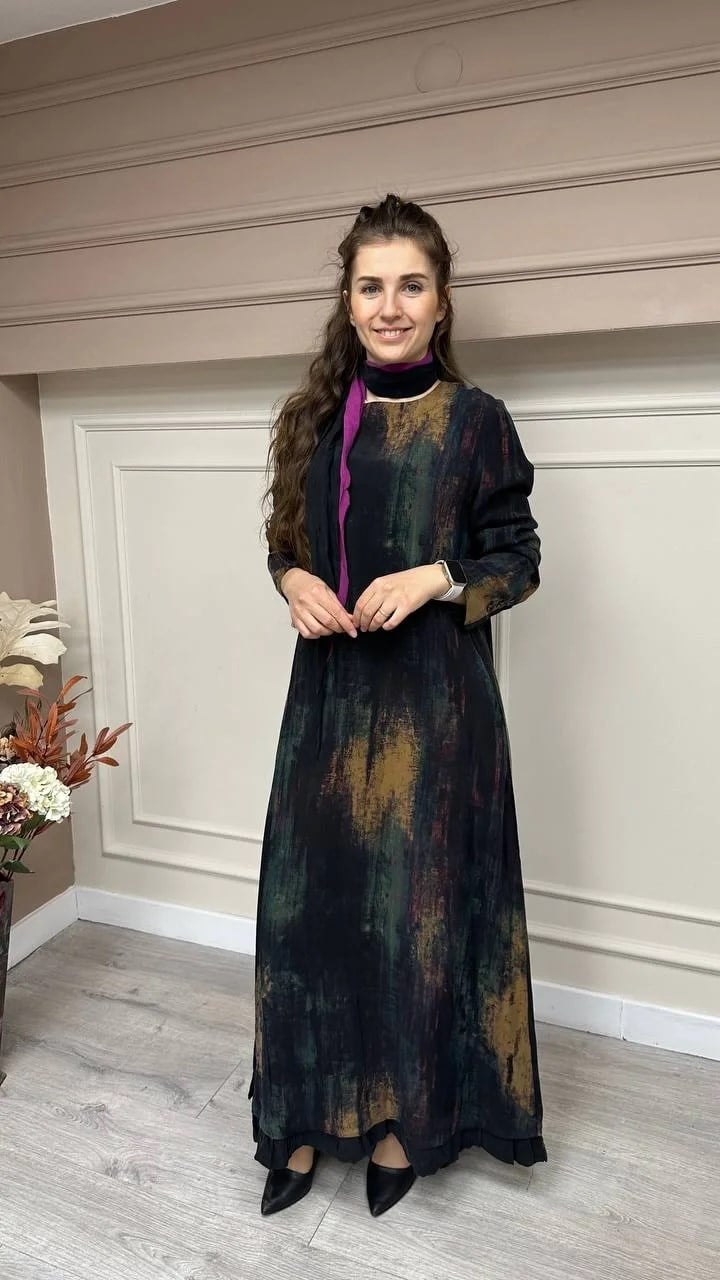 Misswhence 33815 Siyah Fularlı İpek Elbise