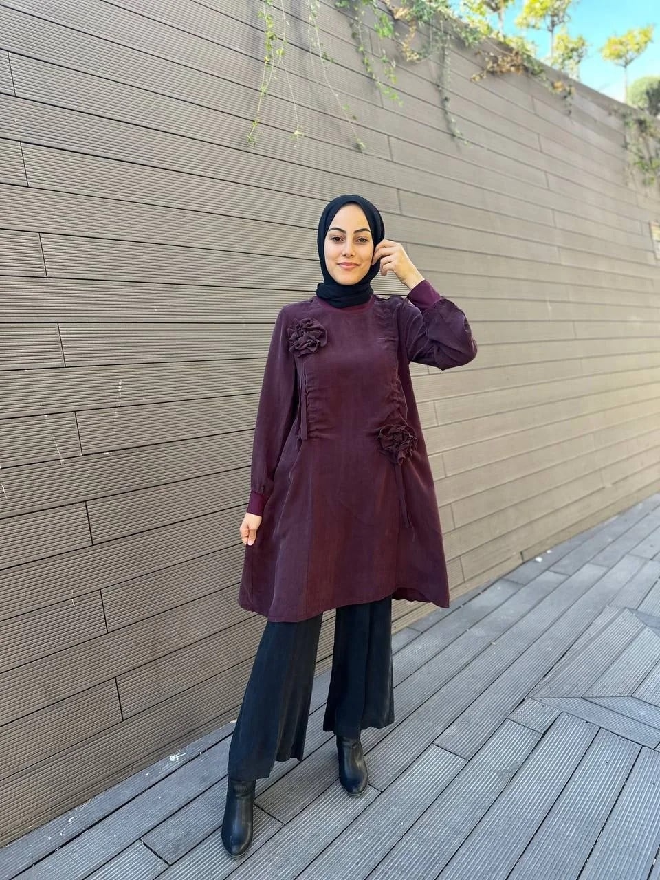 Misswhence 34026 Bordo Gül Detaylı İpek Tunik