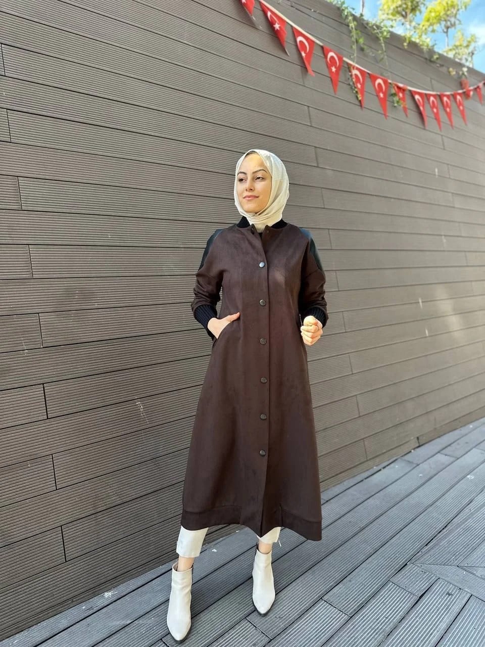 Misswhence 34514 Kahverengi Deri Detaylı Süet Kap