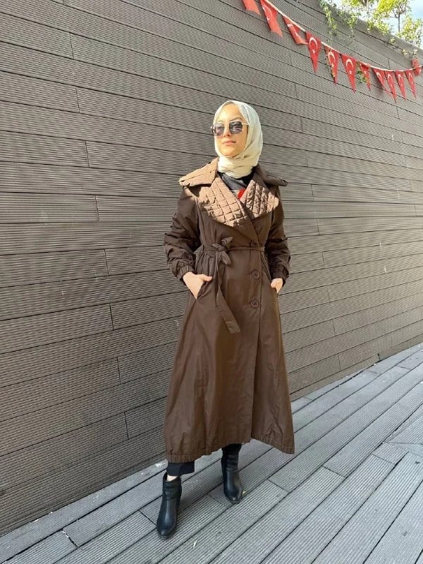 Misswhence 34515 Kahverengi Yakası Kapitone Trençkot