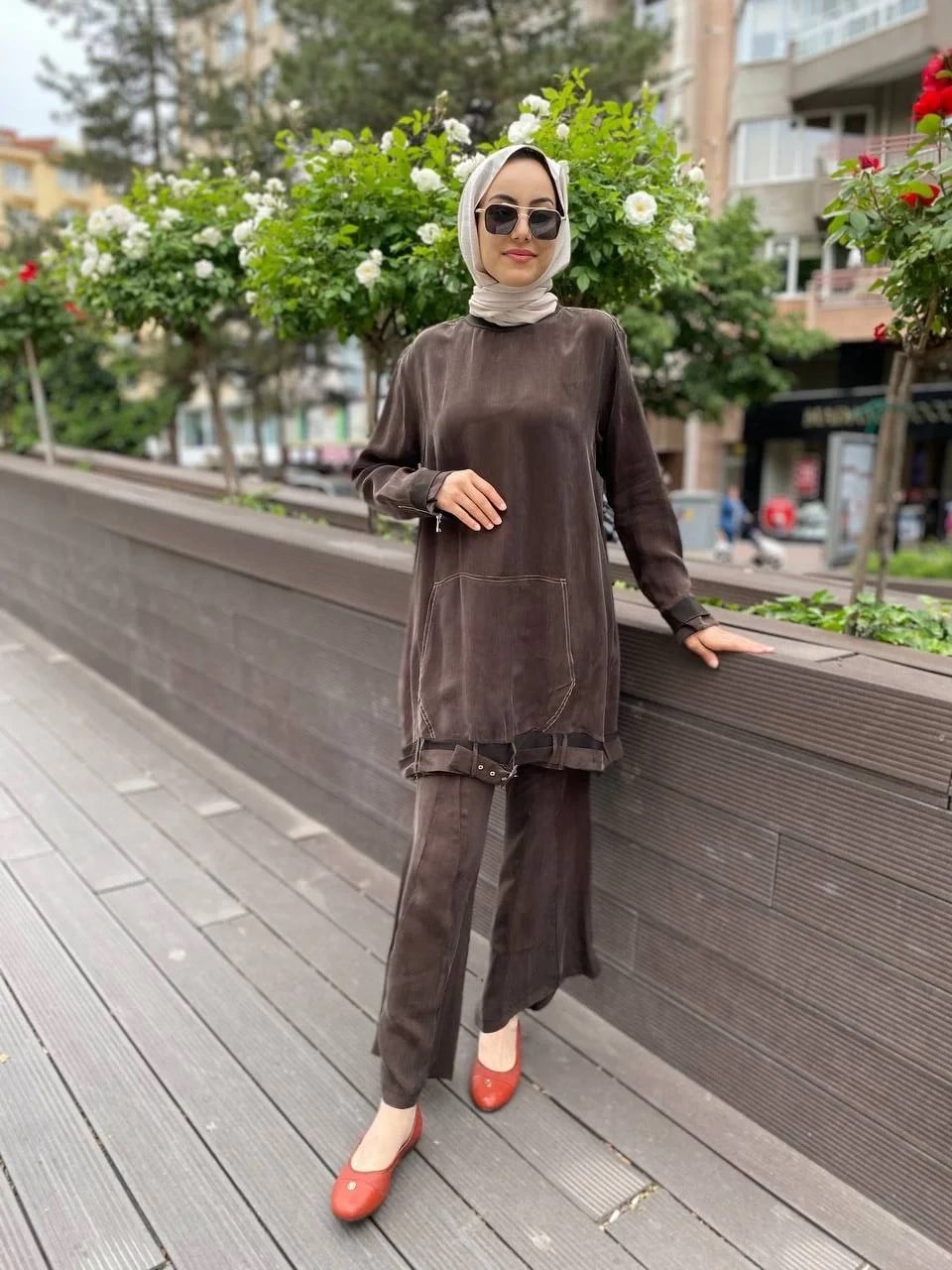 Misswhence 35023 Kahve Etek Ucu Kemerli İpek Tunik
