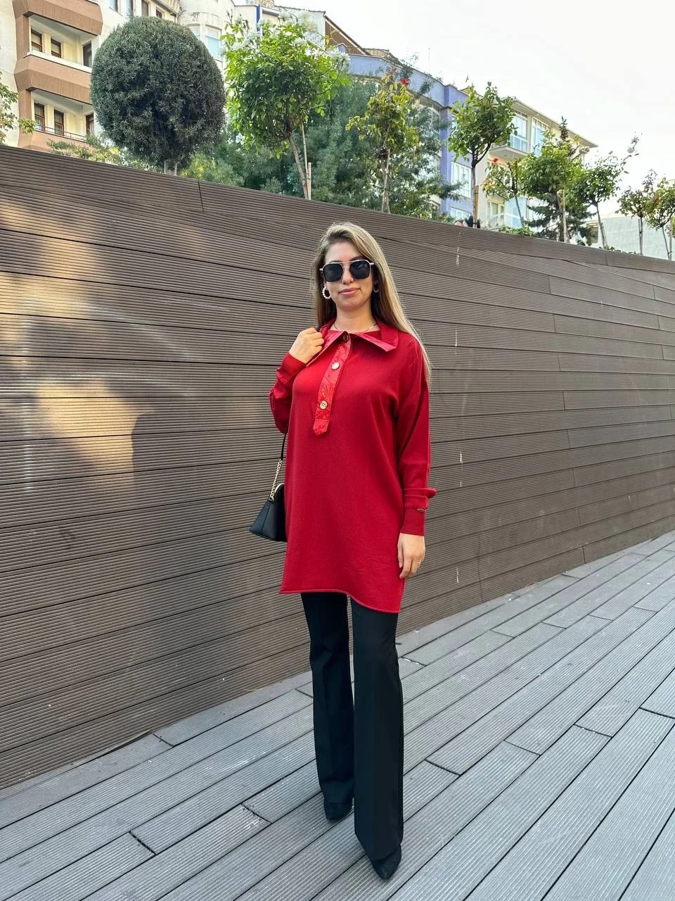 Misswhence 36013 Kırmızı Yaka Detaylı Triko Tunik