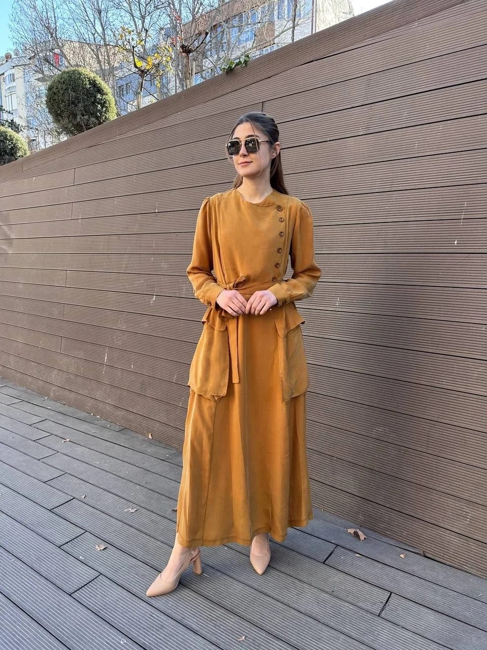 Misswhence 37805 Hardal Düğme Detaylı Elbise
