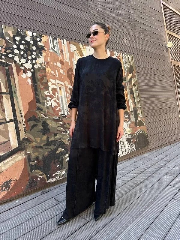 Misswhence 38010 Siyah Cupro Jakar Tunik Takım