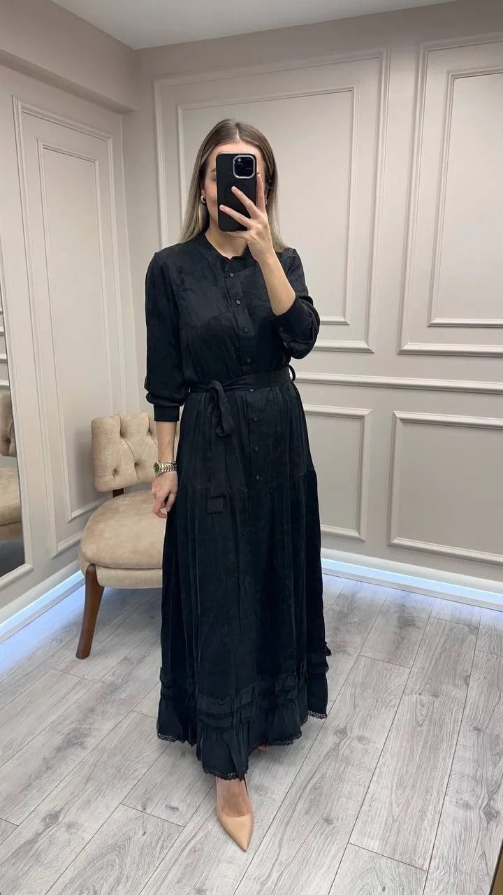 Misswhence 38809 Siyah Jakarlı Cupro Elbise