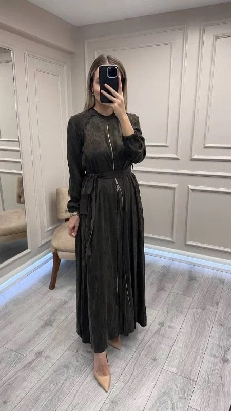 Misswhence 38835 Kahve Fermuar Detaylı Cupro Elbise