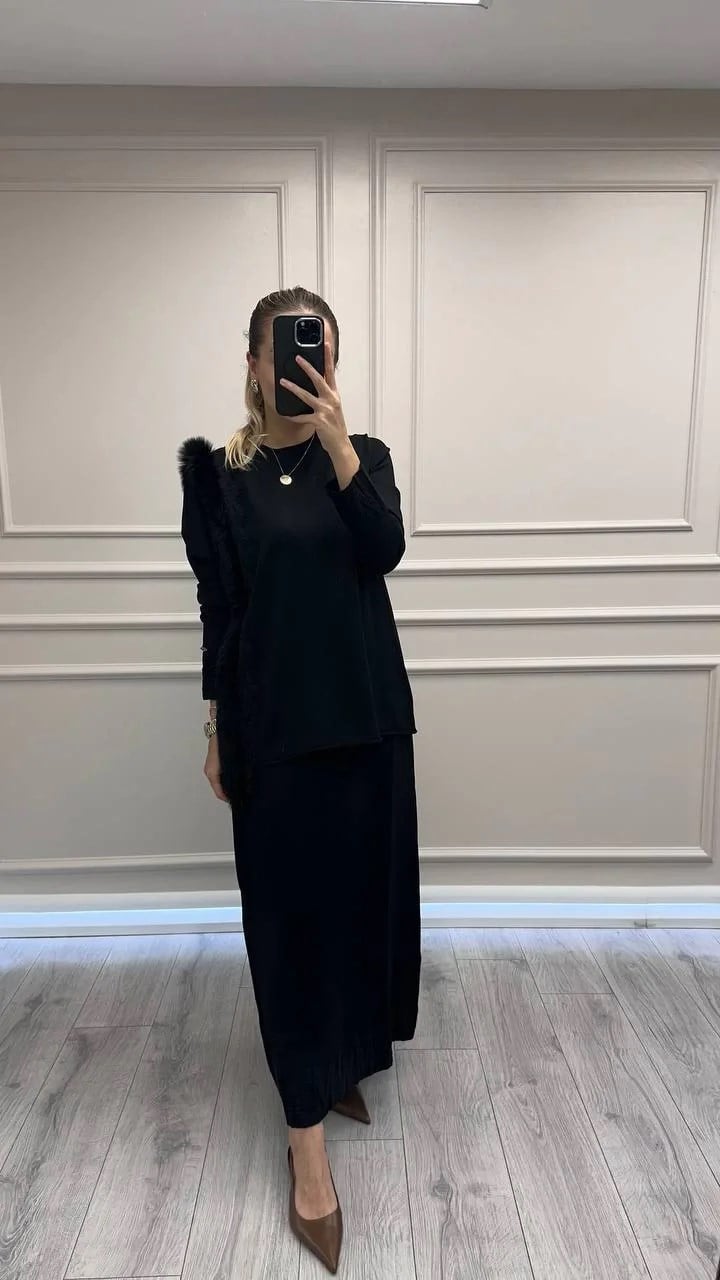 Misswhence MİSS 268 Siyah Kürk Detaylı Triko Takım