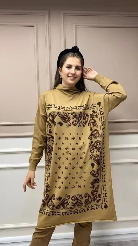 Misswhence MİSS217 Camel Pullu Desenli Triko Tunik