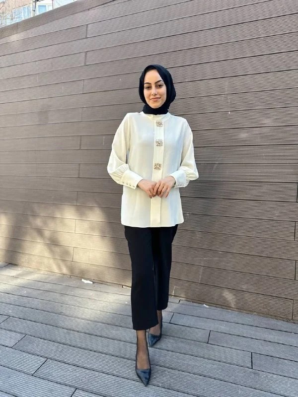 MY312 24S8231 Ekru Önü Taşlı Tunik