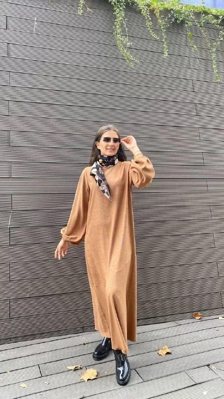 Noi 43226 Camel Örme Etek Ucu Garnili Elbise