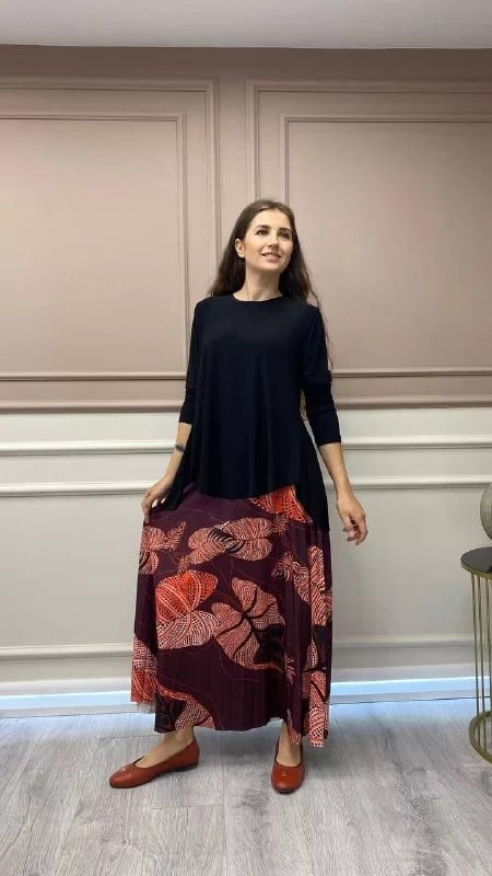 Noi 43422 Bordo Jarse Yaprak Desenli Etek